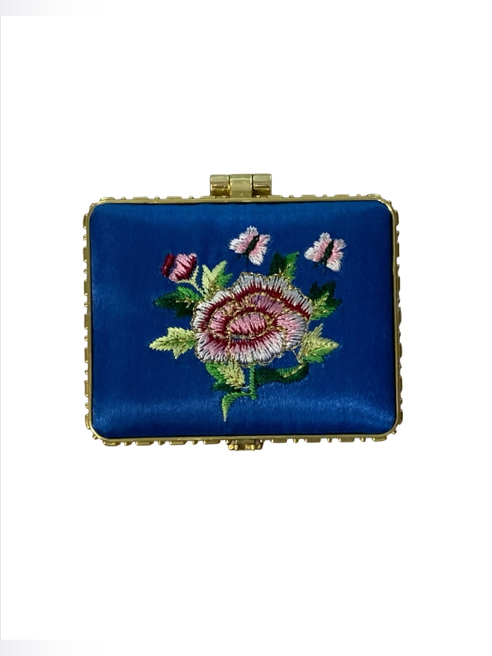 Blue Embroidered Satin Gold Tone Compact Double Mirror - New